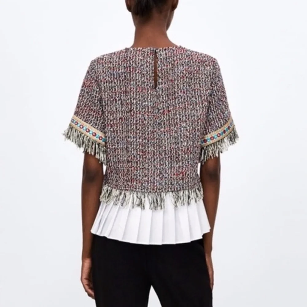 Zara Tweed Top with Pleated Detail Fringe Size XSmall
